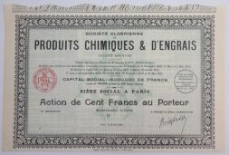 Акция Produits Chimiques &amp; D'Engrais, 100 франков, Франция